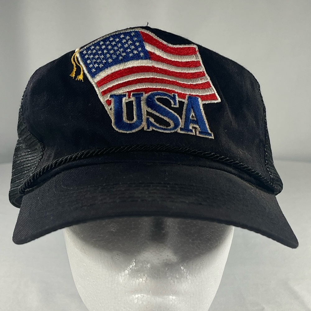 Paris Black USA Vintage Trucker Hat w/ Embroidered Waving American